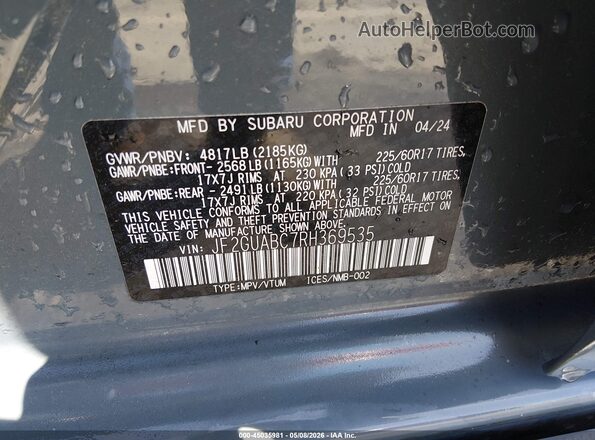 JF2GUABC7RH369535 2024 SUBARU CROSSTREK Gray Widok komory silnika