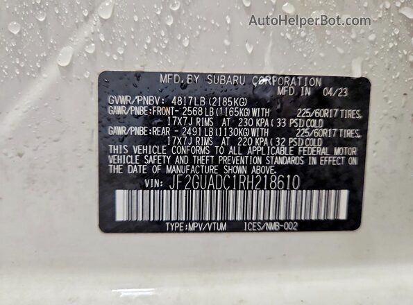 JF2GUADC1RH218610 2024 SUBARU CROSSTREK White Вид наклейки з VIN-кодом