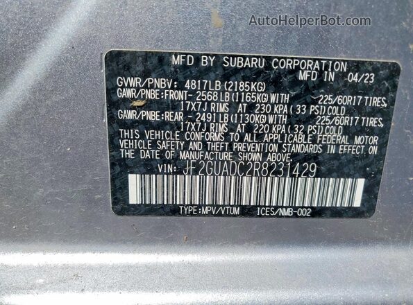 JF2GUADC2R8231429 2024 SUBARU CROSSTREK Silver Widok naklejki z numerem VIN