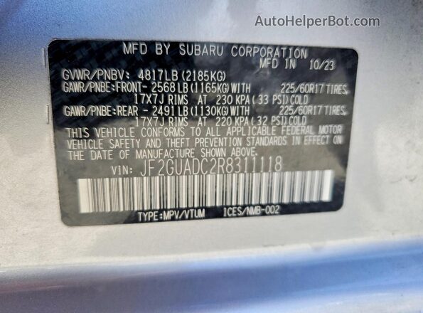 JF2GUADC2R8311118 2024 SUBARU CROSSTREK Серебряный Панорамный вид салона 360°