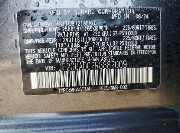 JF2GUADC2R8882009 2024 SUBARU CROSSTREK Gray VIN კოდის სტიკერის ხედი