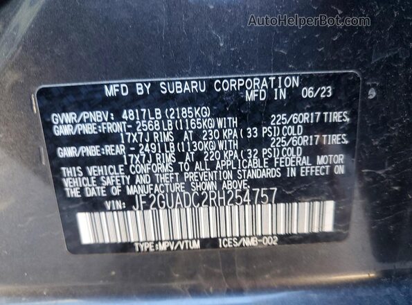 JF2GUADC2RH254757 2024 SUBARU CROSSTREK Gray Widok wnętrza 360 stopni