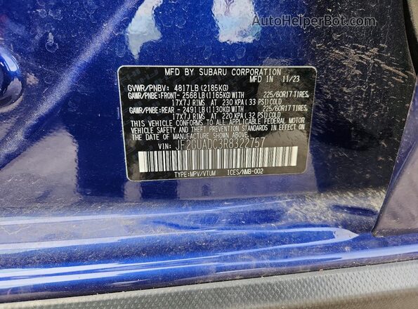 JF2GUADC3R8322757 2024 SUBARU CROSSTREK Blue Vista de la etiqueta del VIN