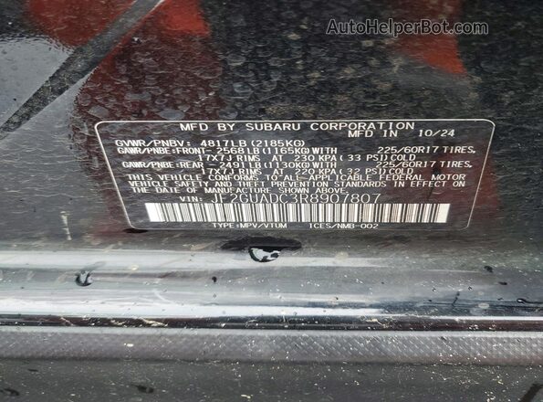JF2GUADC3R8907807 2024 SUBARU CROSSTREK Black Widok komory silnika