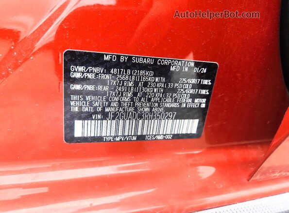 JF2GUADC3RH350297 2024 SUBARU CROSSTREK Red VIN sticker view