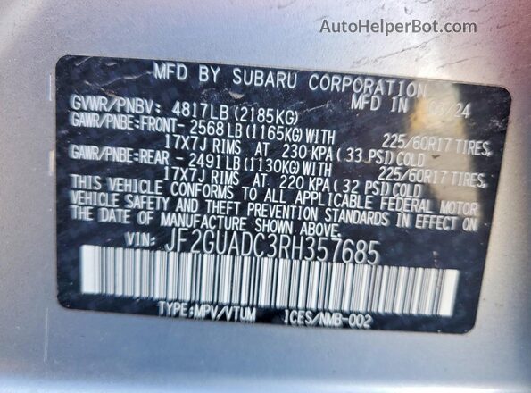 JF2GUADC3RH357685 2024 SUBARU CROSSTREK Silver Widok naklejki z numerem VIN