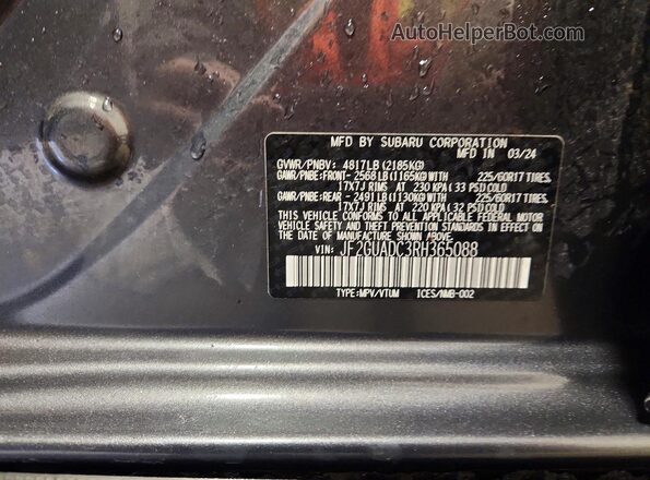 JF2GUADC3RH365088 2024 SUBARU CROSSTREK Gray Widok naklejki z numerem VIN