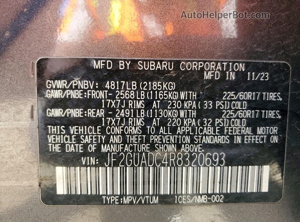 JF2GUADC4R8320693 2024 SUBARU CROSSTREK Gray Widok komory silnika