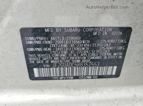 JF2GUADC5R8352553 2024 SUBARU CROSSTREK White Widok komory silnika