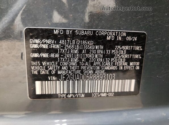 JF2GUADC5R8893103 2024 SUBARU CROSSTREK Серый Вид наклейки с VIN-кодом