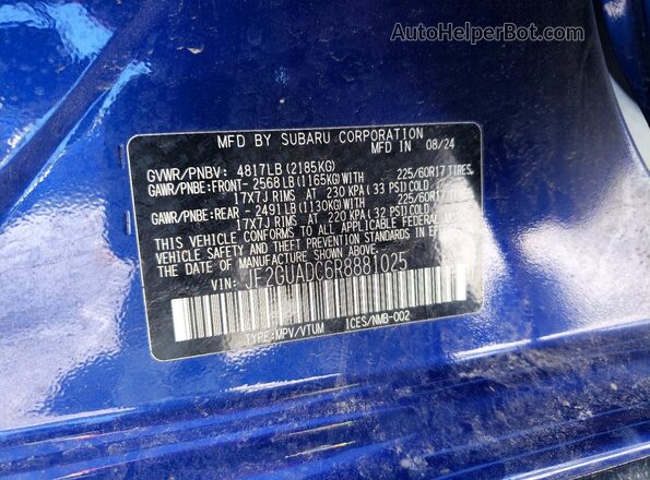 JF2GUADC6R8881025 2024 SUBARU CROSSTREK Blue VIN sticker view