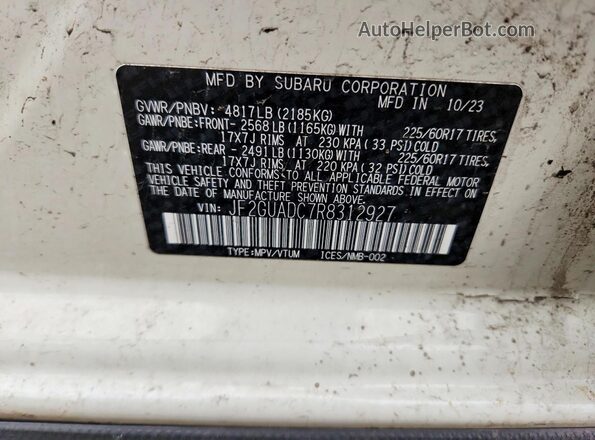 JF2GUADC7R8312927 2024 SUBARU CROSSTREK White Vista de la etiqueta del VIN