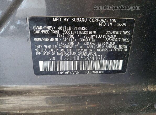 JF2GUHDC5S8343012 2025 SUBARU CROSSTREK Gray Widok wnętrza 360 stopni