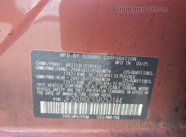 JF2GUHDC5SH252144 2025 SUBARU CROSSTREK Orange VIN կոդի պիտակի տեսք