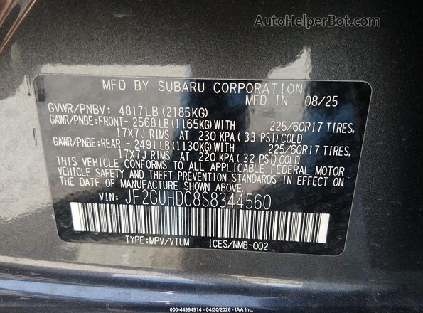 JF2GUHDC8S8344560 2025 SUBARU CROSSTREK Gray Widok komory silnika