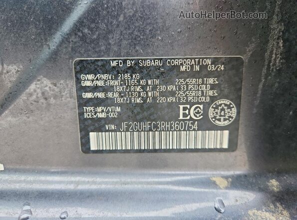 JF2GUHFC3RH360754 2024 SUBARU CROSSTREK Gray Widok naklejki z numerem VIN