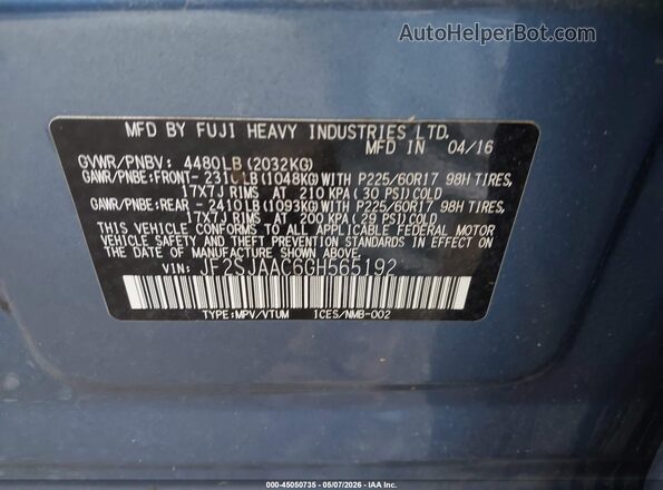 JF2SJAAC6GH565192 2016 SUBARU FORESTER 2.5 Blue Widok komory silnika
