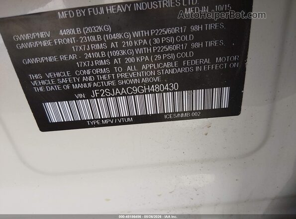 JF2SJAAC9GH480430 2016 SUBARU FORESTER White Widok komory silnika