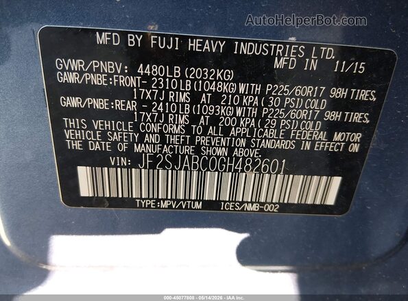 JF2SJABC0GH482601 2016 SUBARU FORESTER Синий Вид подкапотного пространства