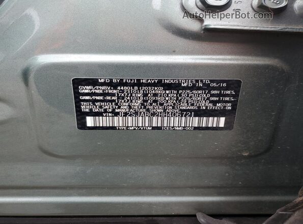 JF2SJABC2HH406721 2017 SUBARU FORESTER 2.5 Green VIN sticker view