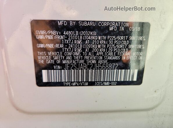 JF2SJABC2JH568872 2018 SUBARU FORESTER Белый Вид подкапотного пространства