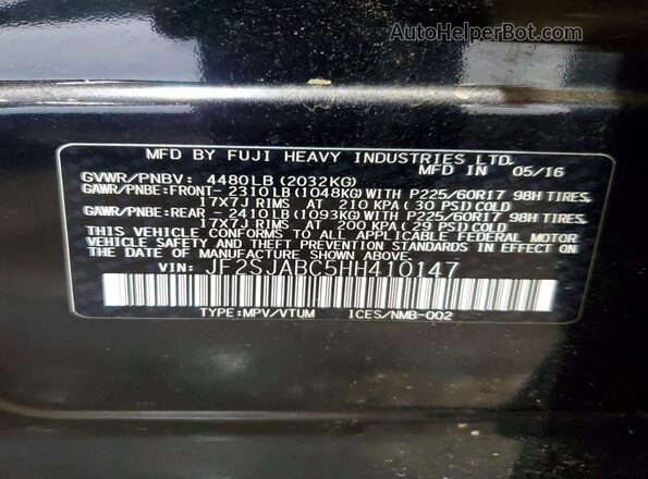 JF2SJABC5HH410147 2017 SUBARU FORESTER Black VIN կոդի պիտակի տեսք