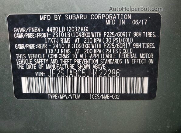JF2SJABC5JH422286 2018 SUBARU FORESTER Green Widok naklejki z numerem VIN