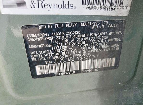 JF2SJABC7GH440751 2016 SUBARU FORESTER Green Widok wnętrza 360 stopni
