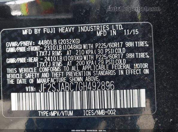JF2SJABC7GH492896 2016 SUBARU FORESTER 2.5 Черный Вид подкапотного пространства