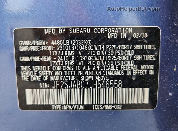 JF2SJABC7JH546558 2018 SUBARU FORESTER Blue VIN կոդի պիտակի տեսք