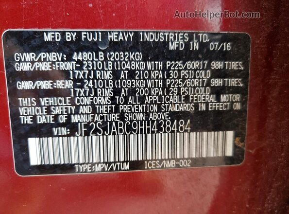 JF2SJABC9HH438484 2017 SUBARU FORESTER 2.5 Красный Вид наклейки с VIN-кодом
