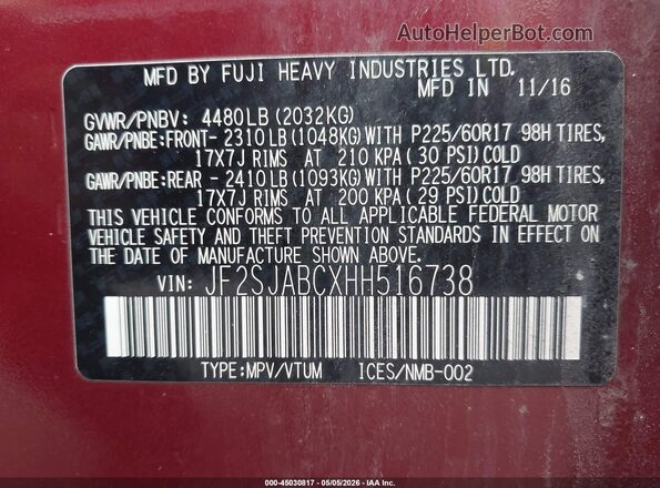 JF2SJABCXHH516738 2017 SUBARU FORESTER 2.5 Красный Вид подкапотного пространства