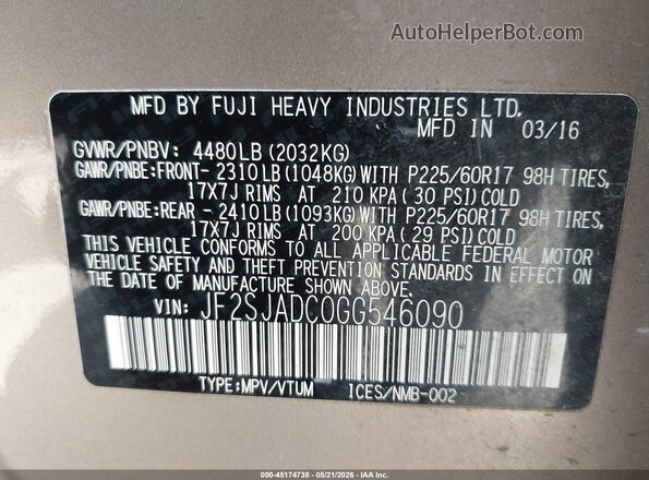 JF2SJADC0GG546090 2016 SUBARU FORESTER Желто-коричневый Вид подкапотного пространства