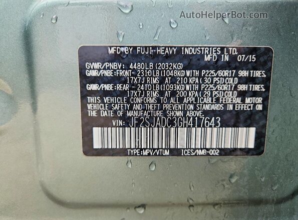 JF2SJADC3GH417643 2016 SUBARU FORESTER Teal VIN կոդի պիտակի տեսք