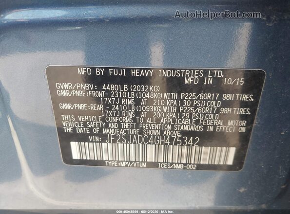 JF2SJADC4GH475342 2016 SUBARU FORESTER 2.5 Синий Вид подкапотного пространства
