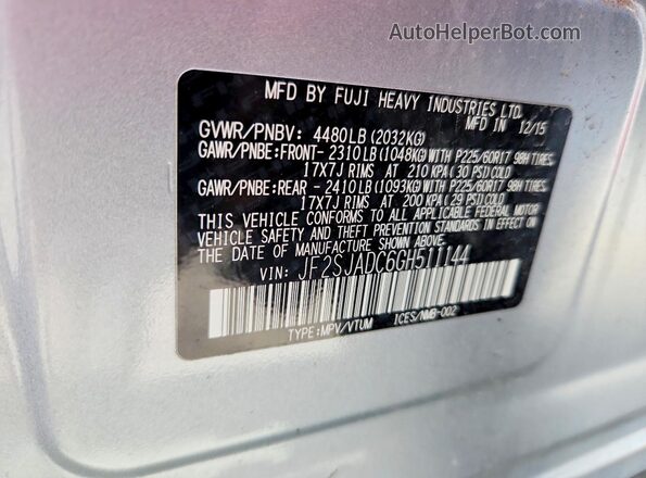 JF2SJADC6GH511144 2016 SUBARU FORESTER Silver VIN კოდის სტიკერის ხედი