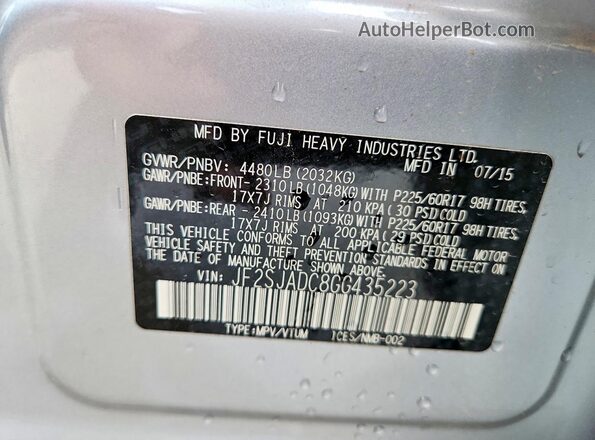 JF2SJADC8GG435223 2016 SUBARU FORESTER Серебряный Панорамный вид салона 360°