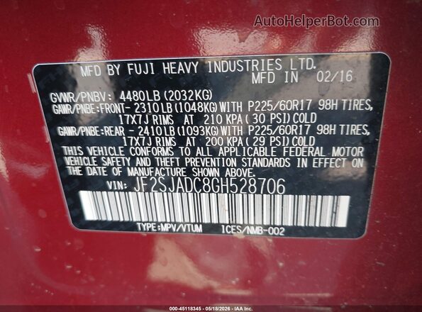 JF2SJADC8GH528706 2016 SUBARU FORESTER Красный Вид подкапотного пространства