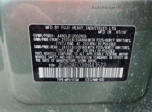 JF2SJAEC0HH443522 2017 SUBARU FORESTER Зеленый Вид наклейки с VIN-кодом