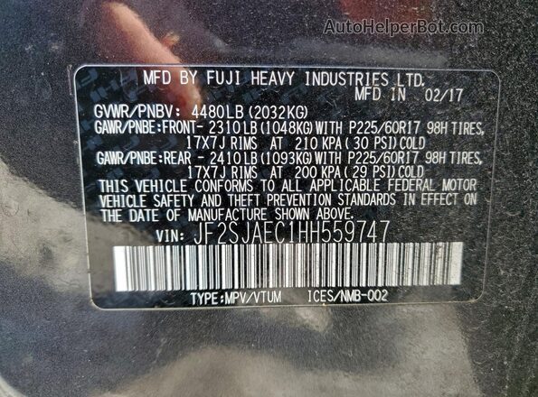 JF2SJAEC1HH559747 2017 SUBARU FORESTER Gray Вид наклейки з VIN-кодом