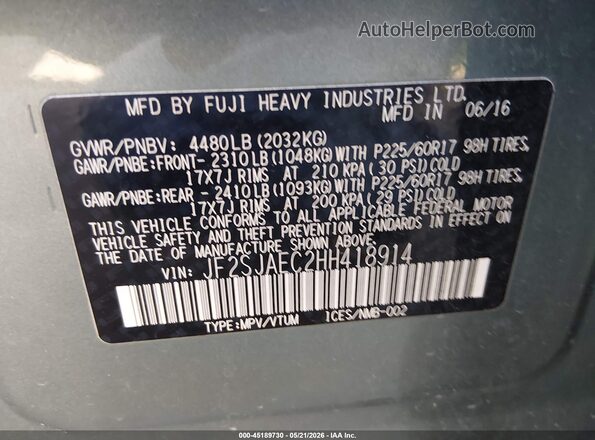 JF2SJAEC2HH418914 2017 SUBARU FORESTER Gray Engine compartment view