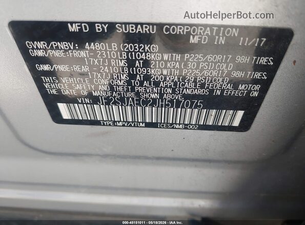 JF2SJAEC2JH517075 2018 SUBARU FORESTER Серебряный Вид подкапотного пространства