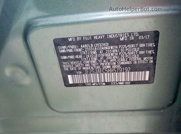 JF2SJAEC5HH579192 2017 SUBARU FORESTER Зеленый Панорамный вид салона 360°