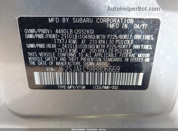 JF2SJAEC5HH806669 2017 SUBARU FORESTER Pewter Вид подкапотного пространства