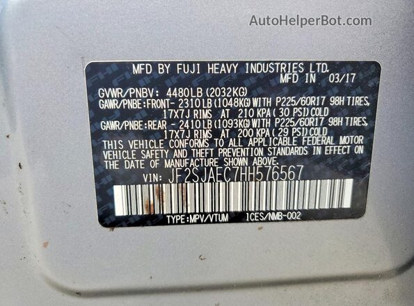 JF2SJAEC7HH576567 2017 SUBARU FORESTER Silver Vista de la etiqueta del VIN