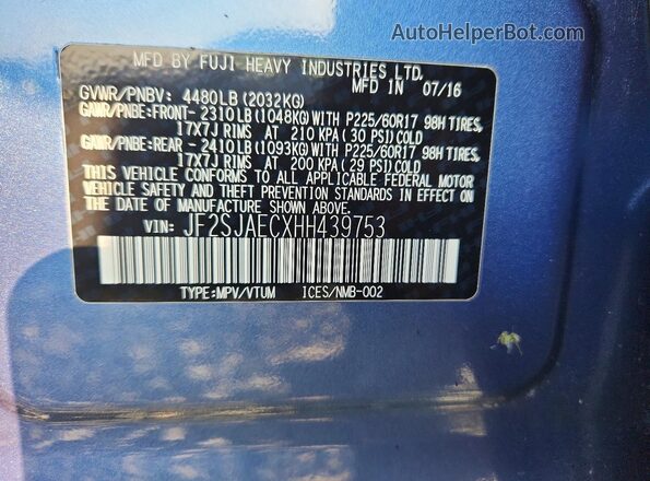 JF2SJAECXHH439753 2017 SUBARU FORESTER Синий Вид подкапотного пространства