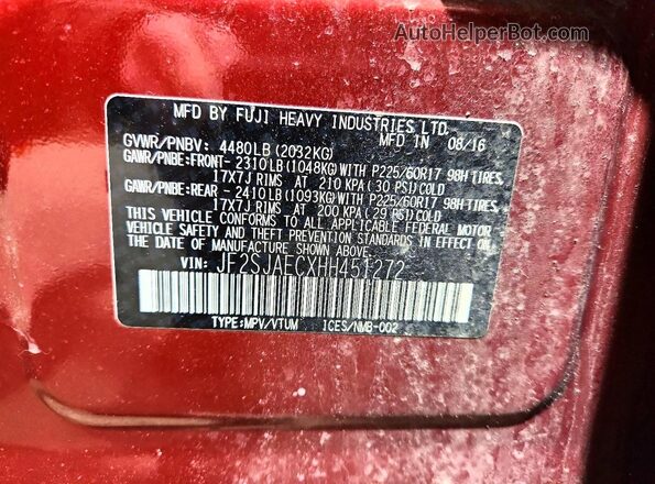 JF2SJAECXHH451272 2017 SUBARU FORESTER 2.5 Бордовый Вид подкапотного пространства