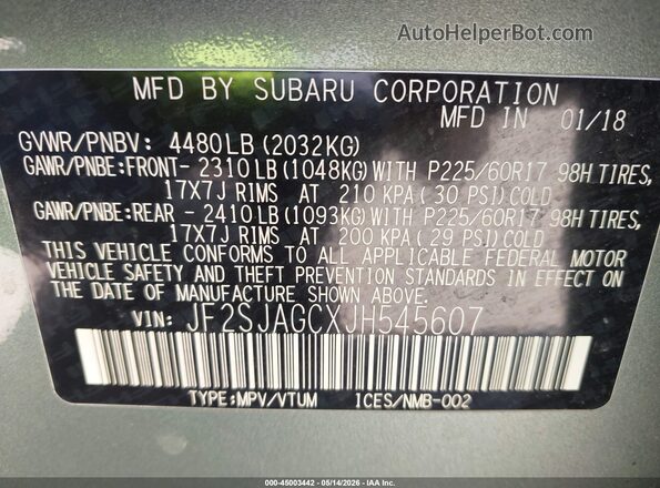 JF2SJAGCXJH545607 2018 SUBARU FORESTER Green Vista del compartimento del motor