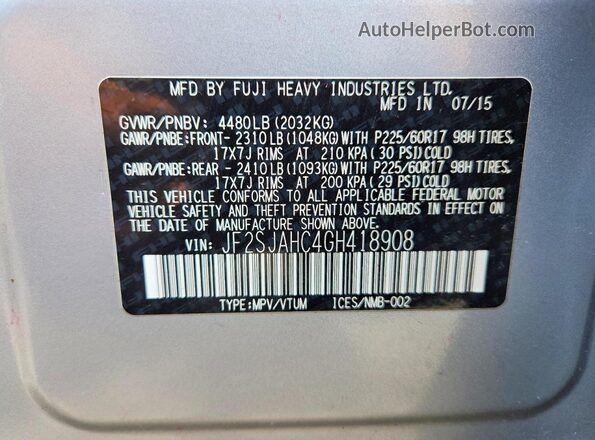 JF2SJAHC4GH418908 2016 SUBARU FORESTER 2.5 Серебряный Вид подкапотного пространства