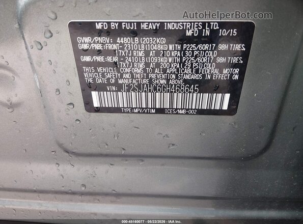 JF2SJAHC6GH468645 2016 SUBARU FORESTER Зеленый Вид подкапотного пространства